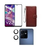 Combo pack for Back Cover Case for VIVO Y22 – Flip Brown Cover Leather Finish | Inside TPU with Card Pockets | Wallet Stand and Shock Proof | Camera Lens Protector & Tempered Screen Glass.