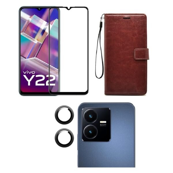 Combo pack for Back Cover Case for VIVO Y22 – Flip Brown Cover Leather Finish | Inside TPU with Card Pockets | Wallet Stand and Shock Proof | Camera Lens Protector & Tempered Screen Glass.