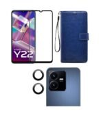 Combo pack for Back Cover Case for VIVO Y22 – Flip Blue Cover Leather Finish | Inside TPU with Card Pockets | Wallet Stand and Shock Proof | Camera Lens Protector & Tempered Screen Glass.