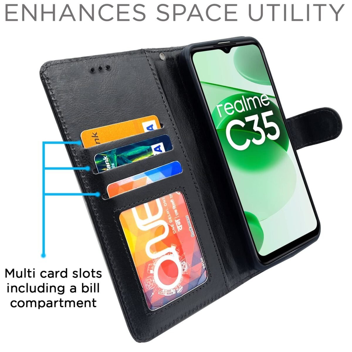 Realme C35 Flip Cover | PU Leather Finish | 360 Protection | Wallet & Stand | Strong Magnetic Flip Case for Realme C35 (Black)