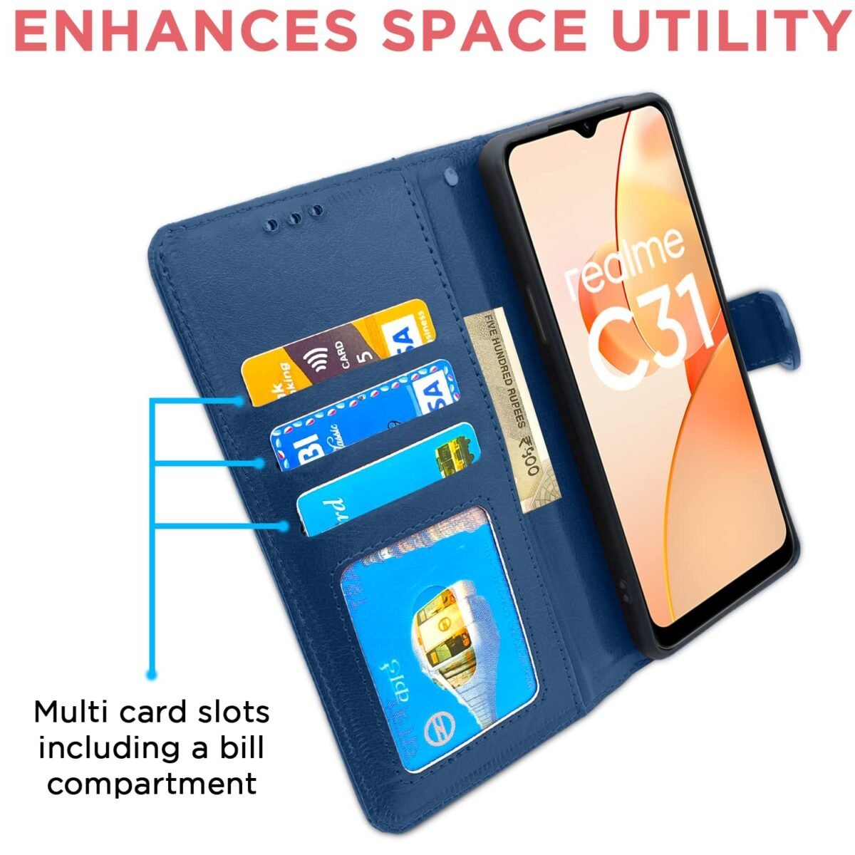 Realme C31 Flip Cover | PU Leather Finish | 360 Protection | Wallet & Stand | Strong Magnetic Flip Case for Realme C31 (Blue)