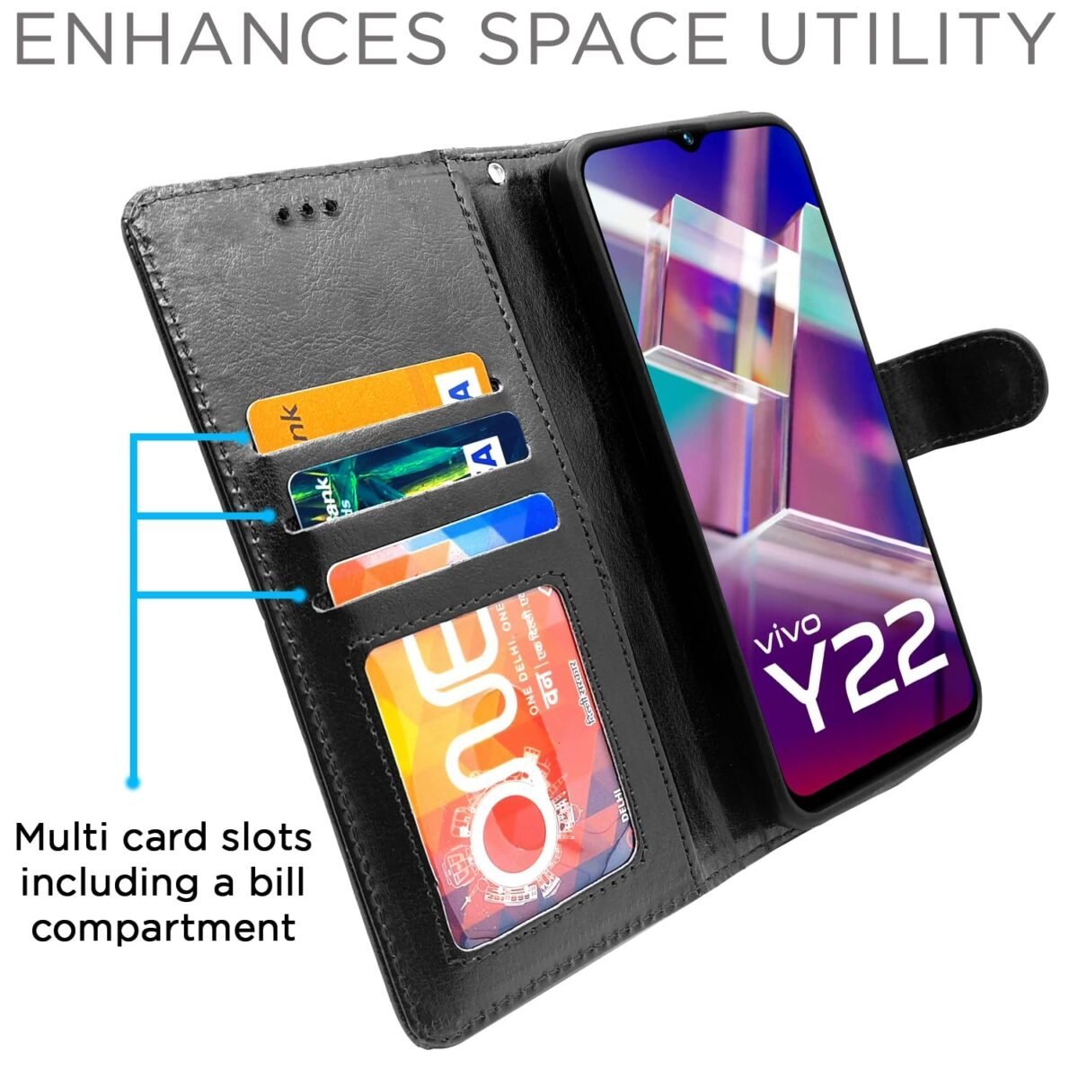 Vivo Y22 Flip Case Leather Finish | Inside TPU with Card Pockets | Wallet Stand and Shock Proof | Magnetic Closing | Complete Protection Flip Cover for Vivo Y22 (Black)