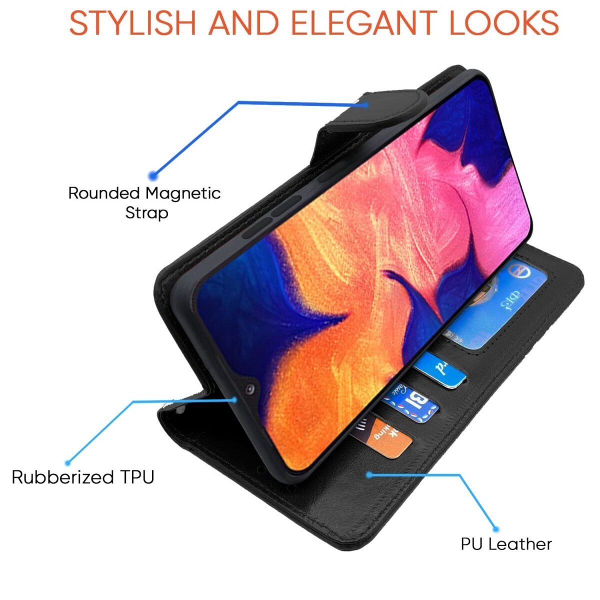 Samsung Galaxy A10 Flip Case Leather Finish | Inside TPU with Card Pockets | Wallet Stand and Shock Proof | Magnetic Closing | Complete Protection Flip Cover for Samsung Galaxy A10 (Black)