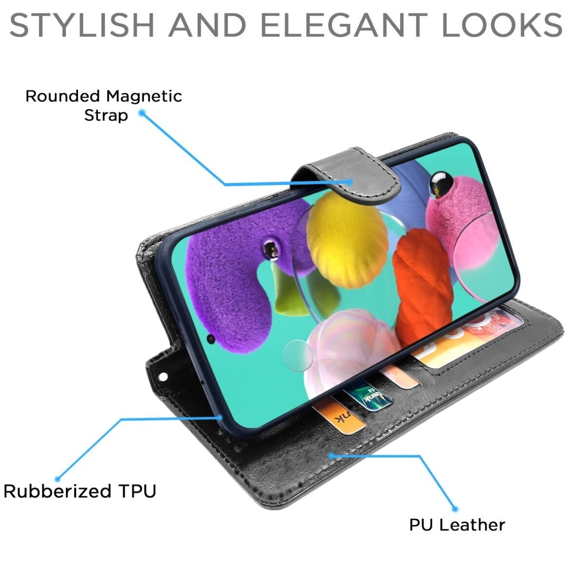 Samsung Galaxy A51 Flip Case Leather Finish | Inside TPU with Card Pockets | Wallet Stand and Shock Proof | Magnetic Closing | Complete Protection Flip Cover for Samsung Galaxy A51 (Black)