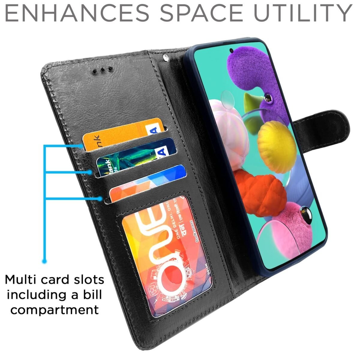 Samsung Galaxy A51 Flip Case Leather Finish | Inside TPU with Card Pockets | Wallet Stand and Shock Proof | Magnetic Closing | Complete Protection Flip Cover for Samsung Galaxy A51 (Black)