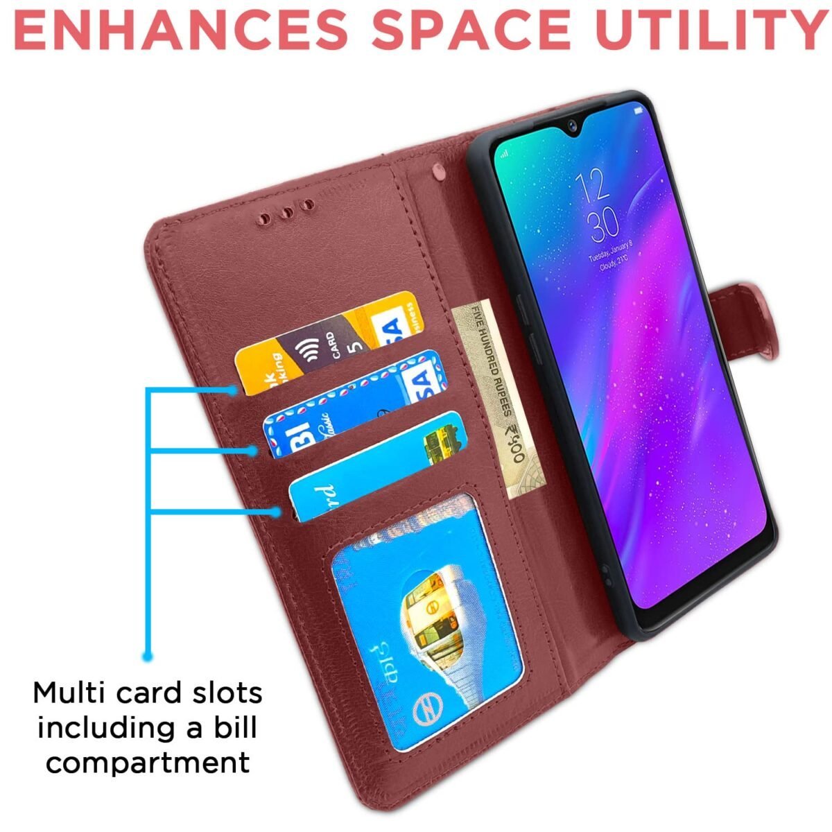 Realme 3 / 3i Flip Case Leather Finish | Inside TPU with Card Pockets | Wallet Stand and Shock Proof | Magnetic Closing | Complete Protection Flip Cover for Realme 3 / 3i (Brown)