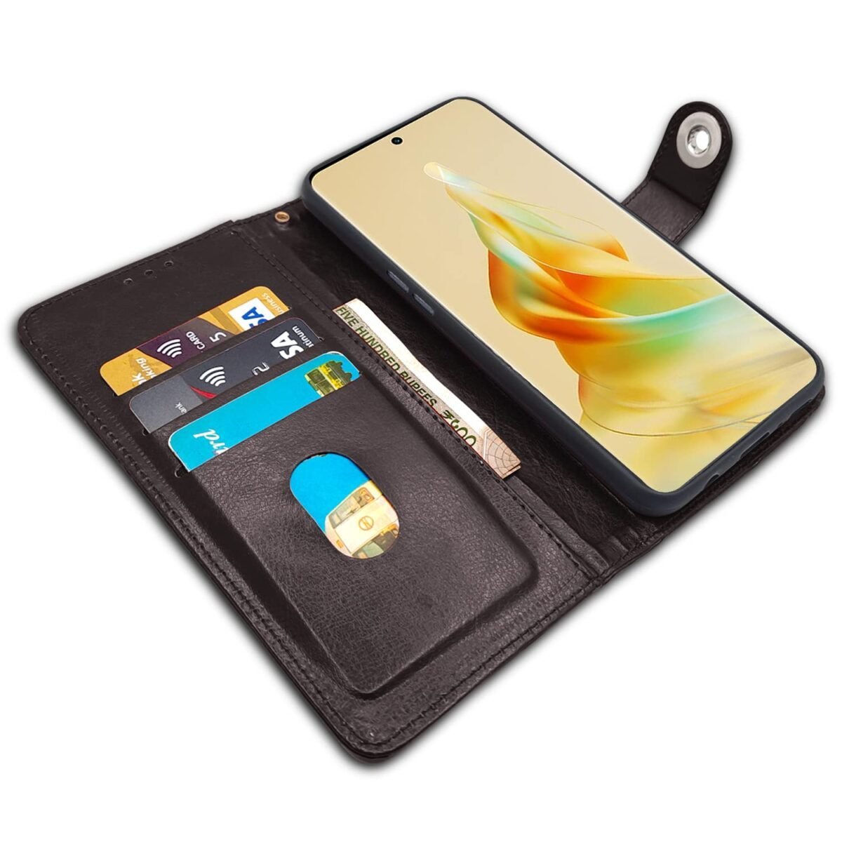 Oppo Reno 8T 5G Flip Cover Leather Finish | Inside TPU with Card Pockets | Wallet Stand and Shock Proof | Complete Protection Button Flip Case (Coffee)