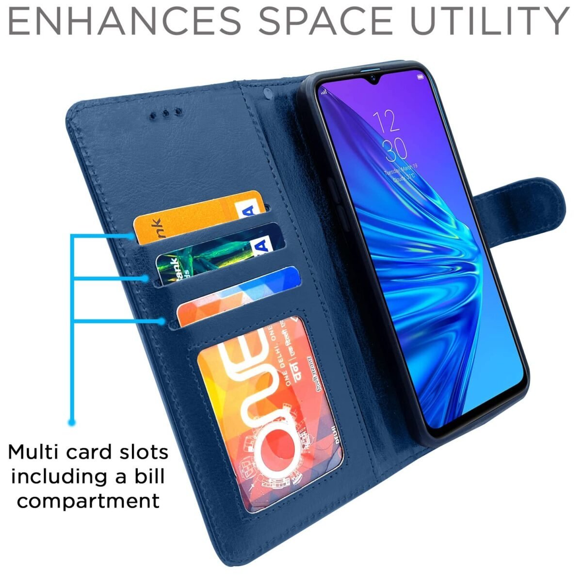 RealMe 5 / 5s / 5i Flip Cover Leather Finish | Inside TPU with Card Pockets | Wallet Stand and Shock Proof | Magnetic Closing | Complete Protection Flip Case (Blue)