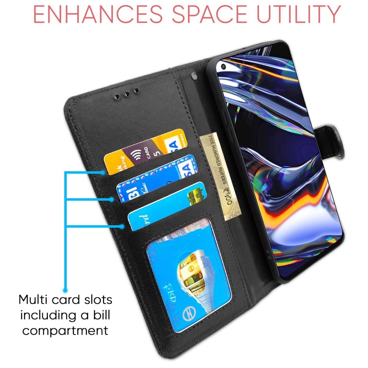 Realme 7 Pro Flip Case Leather Finish | Inside TPU with Card Pockets | Wallet Stand and Shock Proof | Magnetic Closing | Complete Protection Flip Cover for Realme 7 Pro (Black)