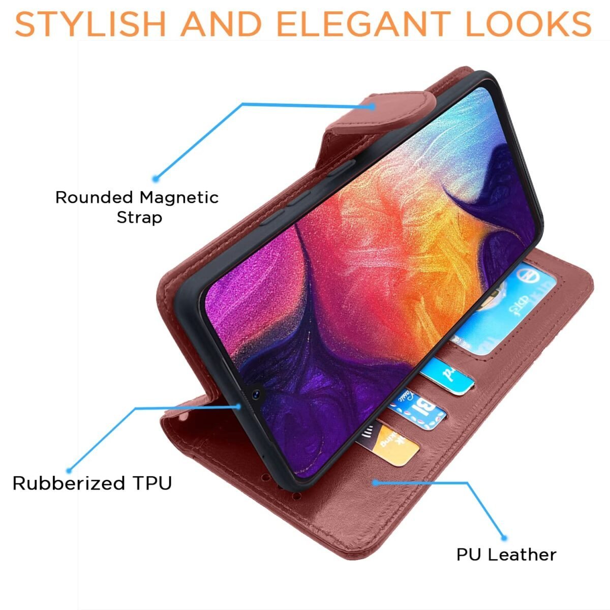 Samsung Galaxy A70 / A70s Flip Case Leather Finish | Inside TPU with Card Pockets | Wallet Stand and Shock Proof | Magnetic Closing | Complete Protection Flip Cover (Brown)