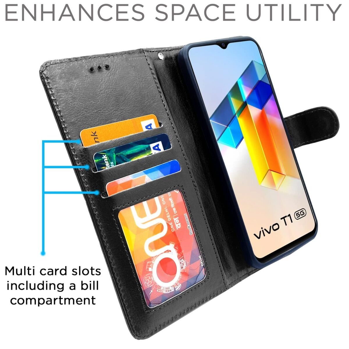 Vivo T1 5G / Vivo Y75 5G / iQOO Z6 5G Flip Cover | PU Leather Finish | 360 Protection | Wallet & Stand | Strong Magnetic Flip Case for Vivo T1 5G / Vivo Y75 5G / iQOO Z6 5G (Black)