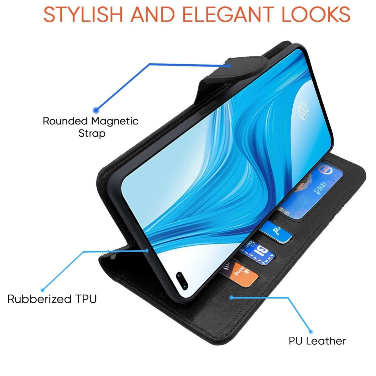 Oppo F17 Pro Flip Case Leather Finish | Inside TPU with Card Pockets | Wallet Stand and Shock Proof | Magnetic Closing | Complete Protection Flip Cover for Oppo F17 Pro (Black)