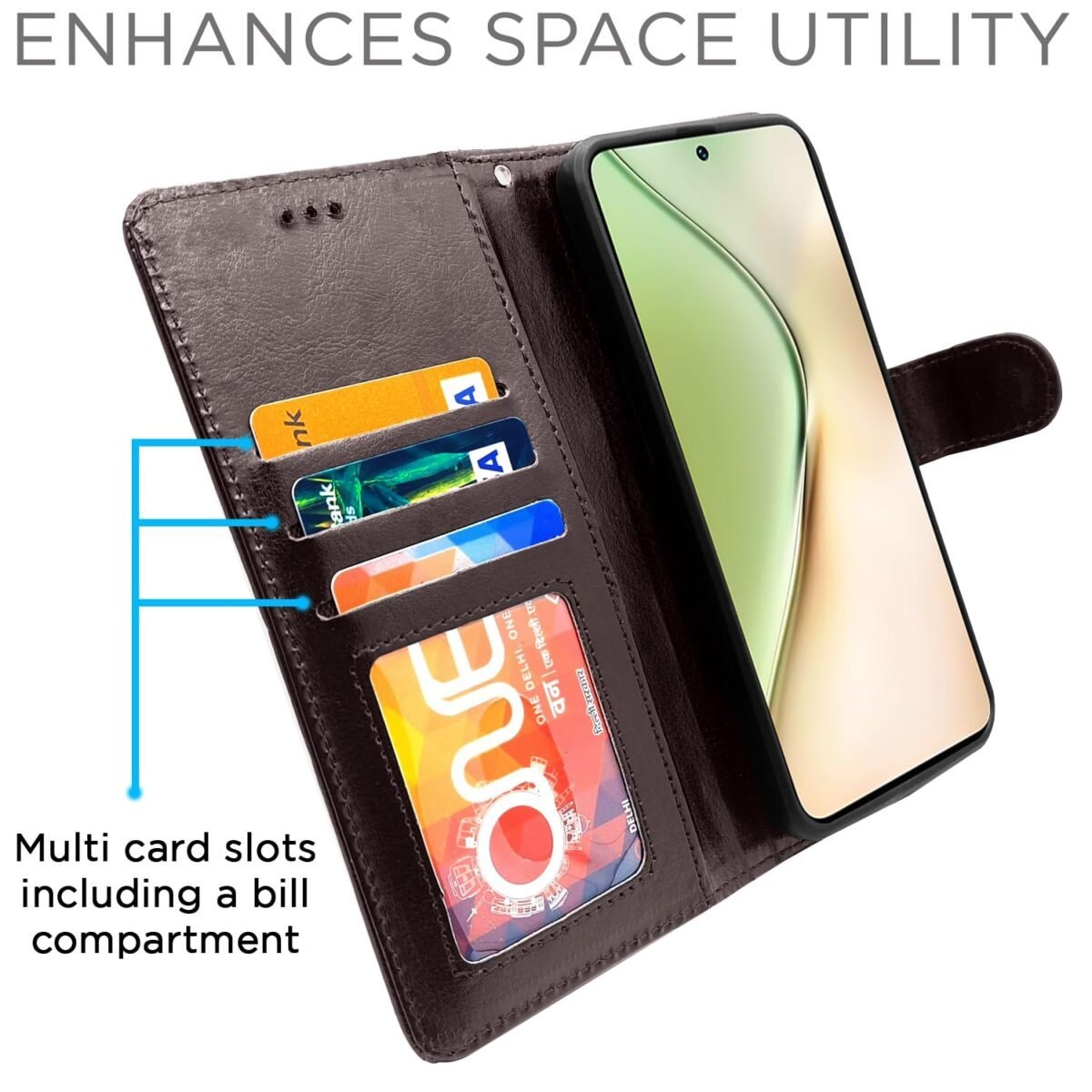 Vivo Y200 5G Flip Cover Leather Finish | Inside TPU with Card Pockets | Wallet Stand and Shock Proof | Complete Protection Flip Case (Coffee)