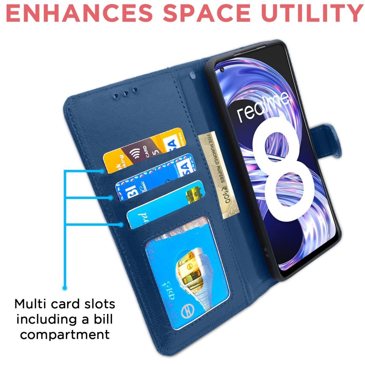 Realme 8 4G / 8 Pro Flip Case Leather Finish | Inside TPU with Card Pockets | Wallet Stand and Shock Proof | Magnetic Closing | Complete Protection Flip Cover for Realme 8 4G / 8 Pro (Blue)