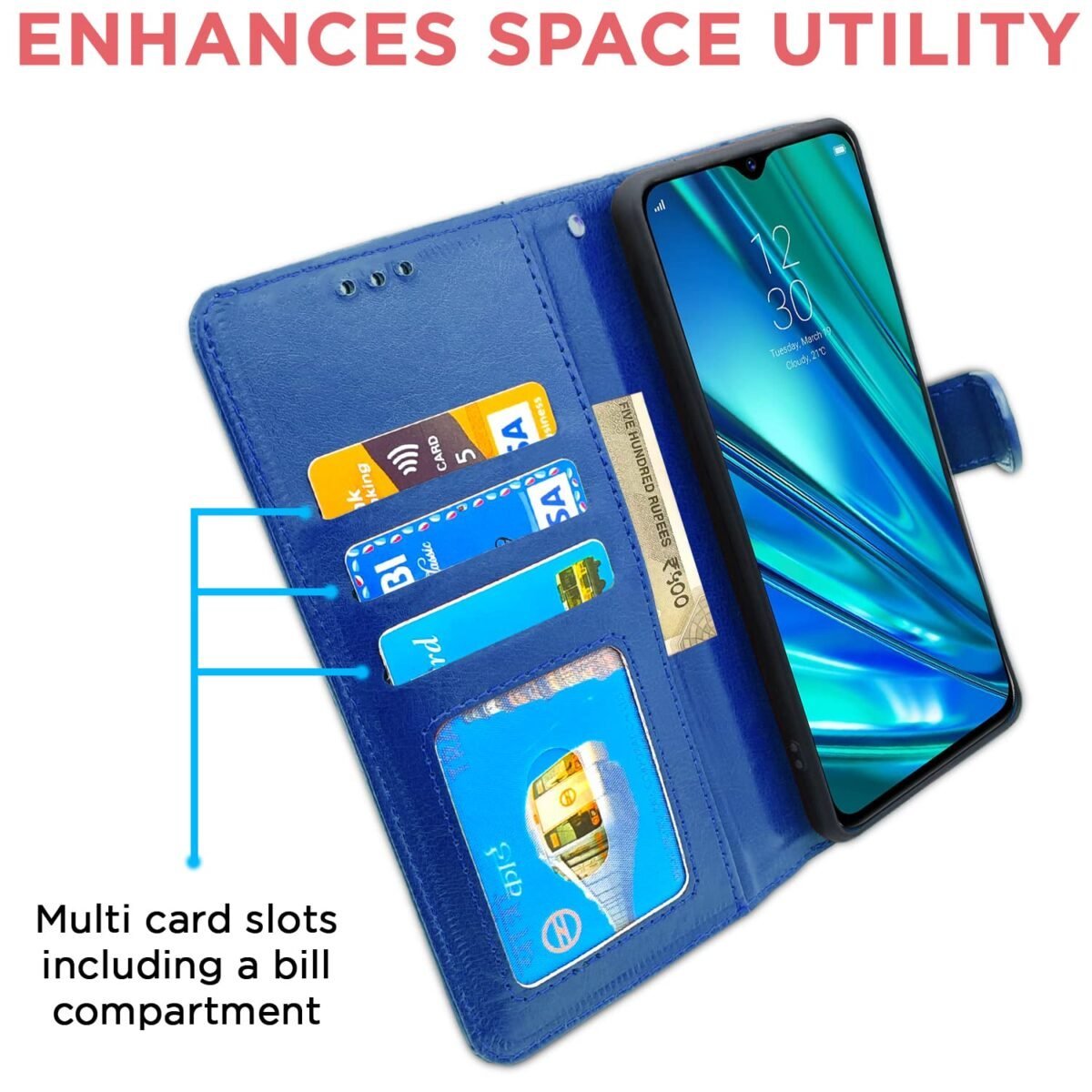 Realme C15 Flip Cover Magnetic Leather Wallet Case Shockproof TPU for Realme C15 (Blue)