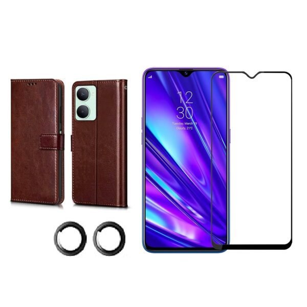 Vivo Y28e 5G Vintage Leather Flip Cover (Brown) | Tempered Glass + Camera Lens Protector Combo Pack