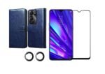 Vivo Y28e 5G Faux Leather Flip Cover (Navy Blue) | Tempered Glass + Camera Lens Protector Combo Pack