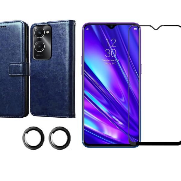 Vivo Y28e 5G Faux Leather Flip Cover (Navy Blue) | Tempered Glass + Camera Lens Protector Combo Pack