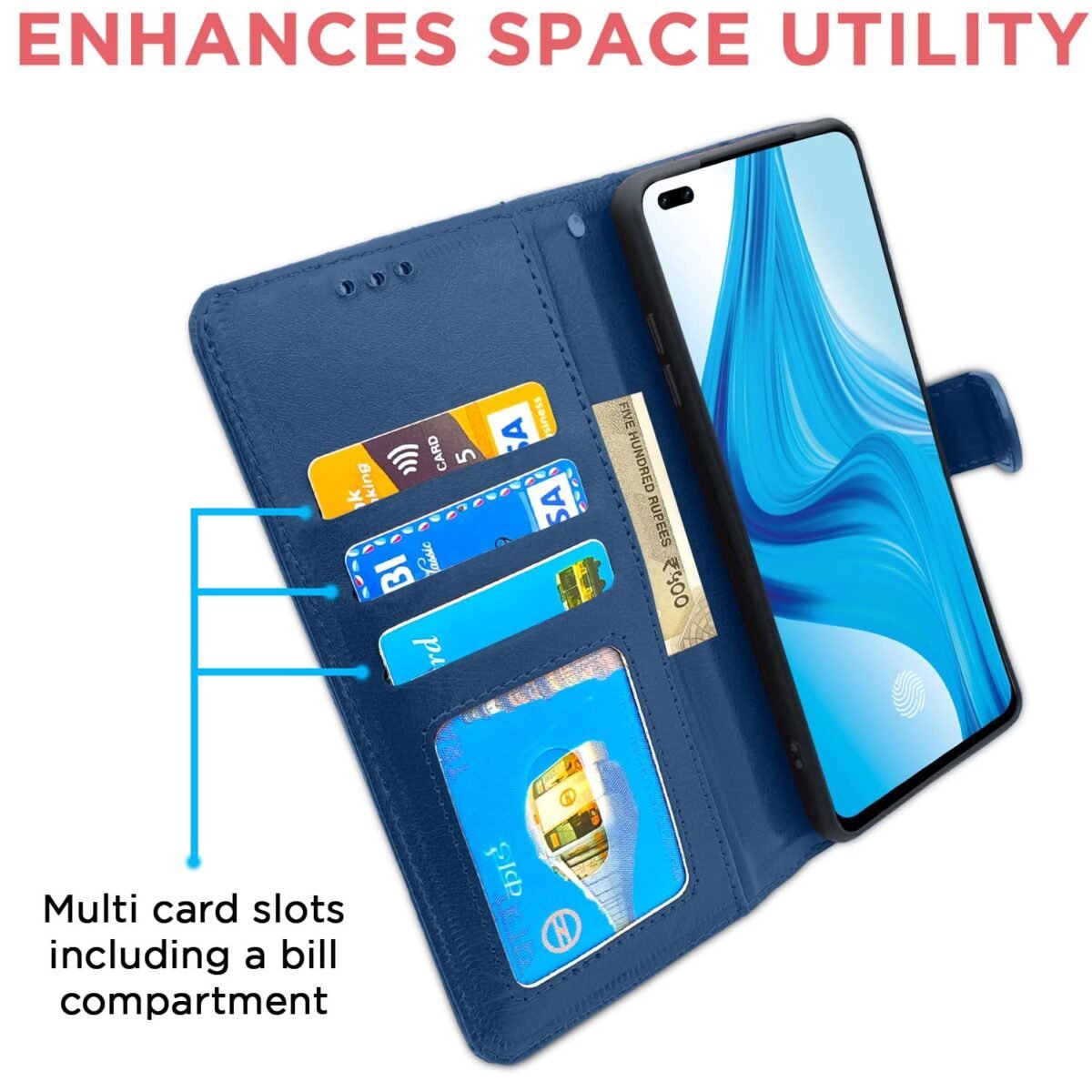 Oppo F17 Pro Flip Case Leather Finish | Inside TPU with Card Pockets | Wallet Stand and Shock Proof | Magnetic Closing | Complete Protection Flip Cover for Oppo F17 Pro (Blue)