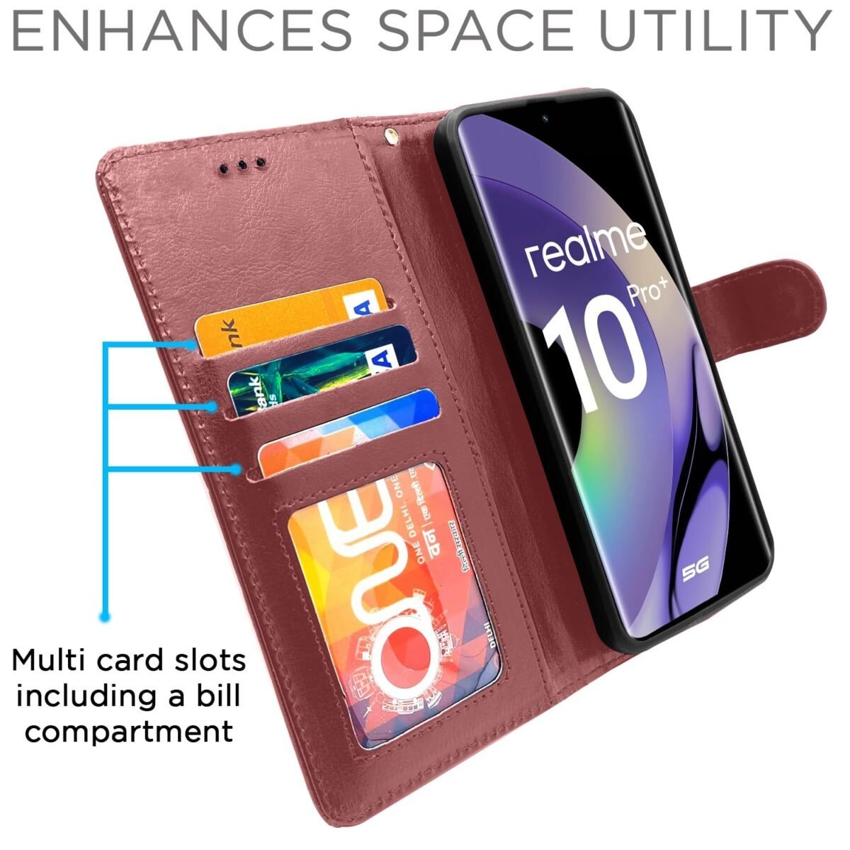 Realme 10 Pro Plus 5G Flip Cover Leather Finish | Inside TPU with Card Pockets | Wallet Stand and Shock Proof | Complete Protection Flip Case (Brown)