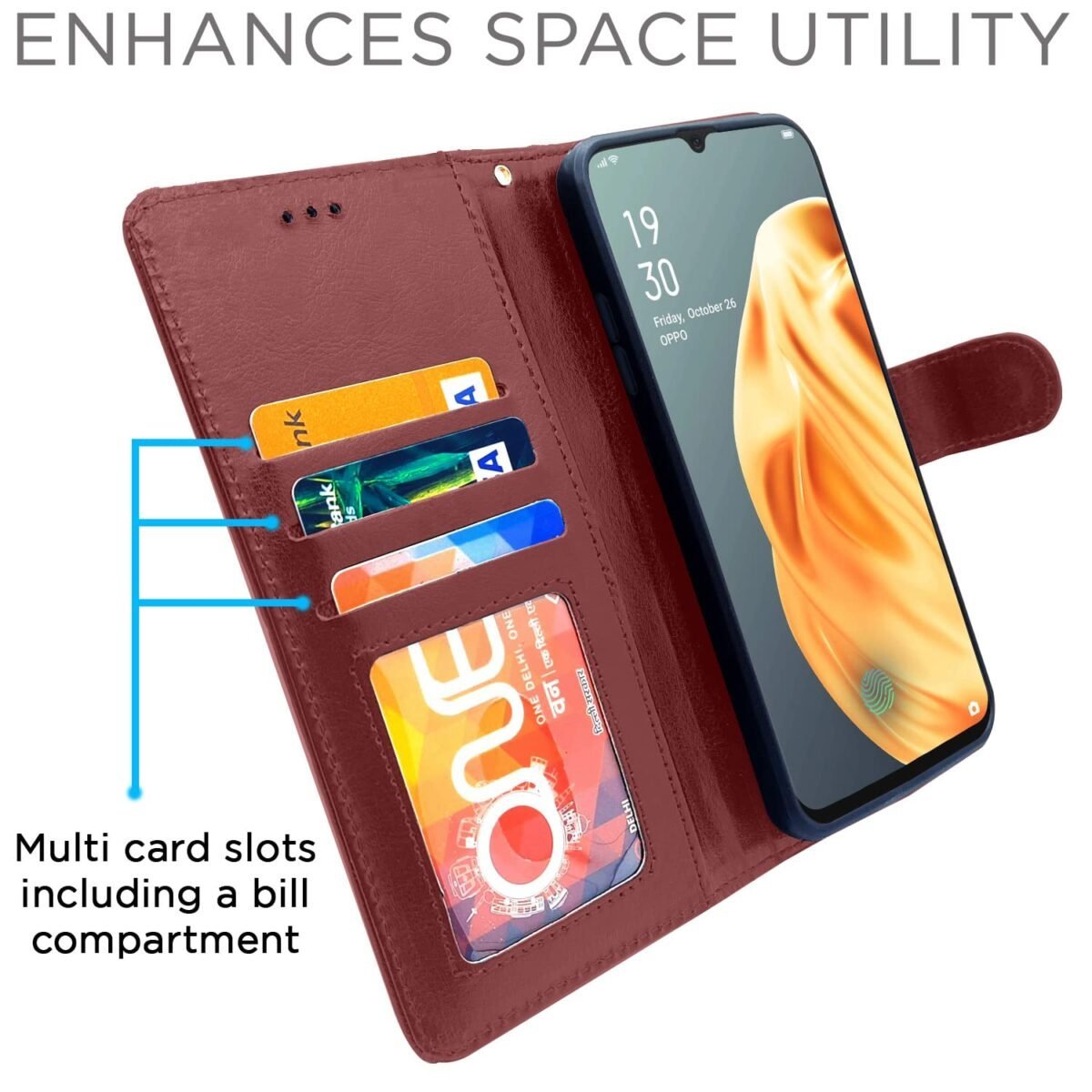 Flip Cover Leather Finish | Inside TPU with Card Pockets | Wallet Stand and Shock Proof | Complete Protection Flip Case for Oppo F15(Brown)
