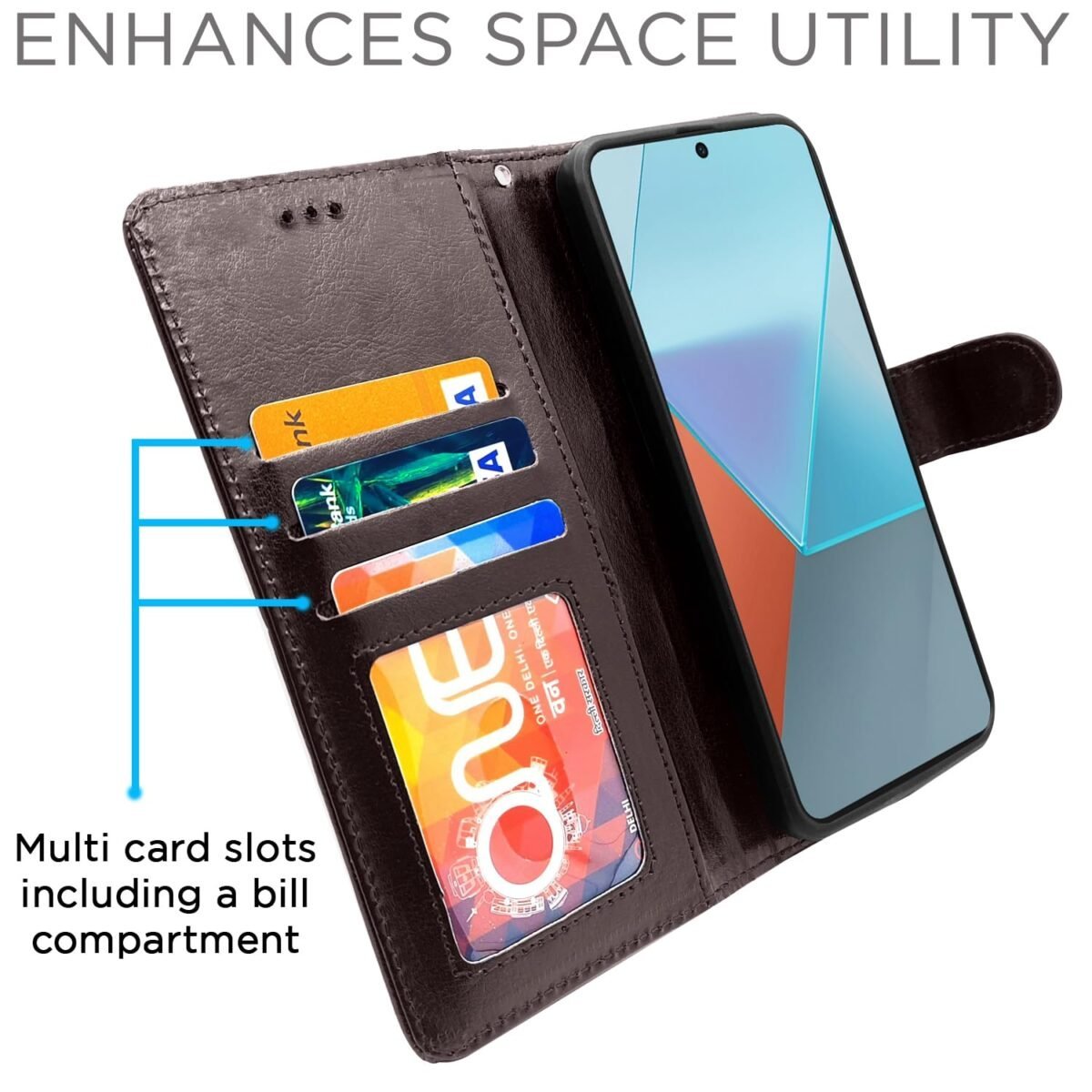 Redmi Note 13 5G Flip Cover Leather Finish | Inside TPU with Card Pockets | Wallet Stand and Shock Proof | Complete Protection Flip Case (Coffee)