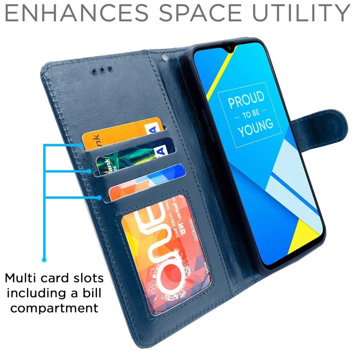 Realme C2 Flip Case Leather Finish | Inside TPU with Card Pockets | Wallet Stand and Shock Proof | Magnetic Closing | Complete Protection Flip Cover for Realme C2 (Blue)