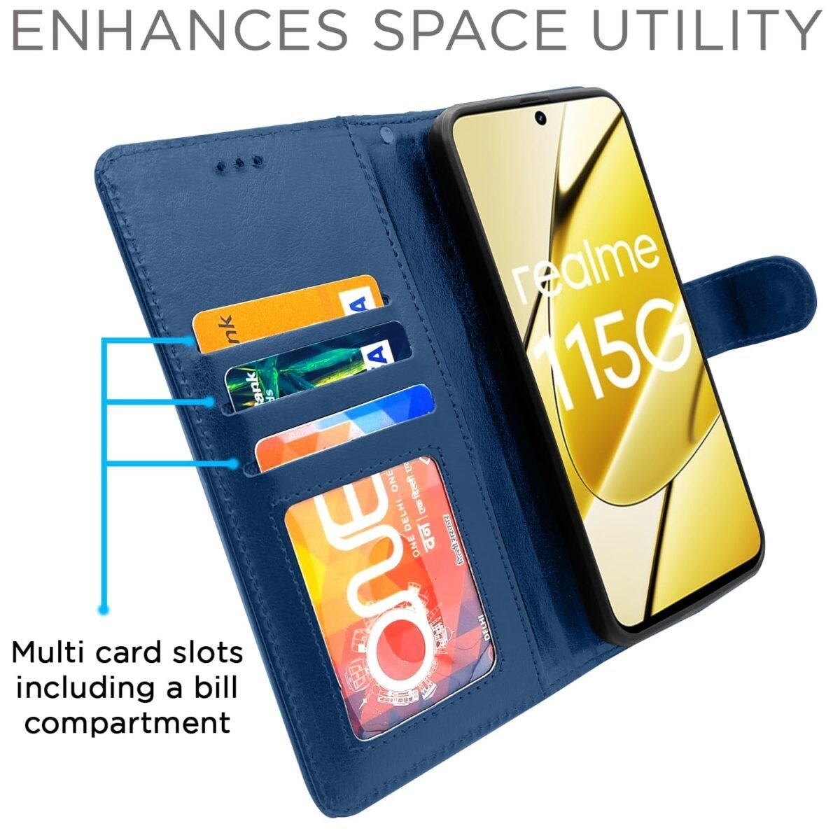 Realme 11 / 11X 5G / Narzo 60X 5G Flip Cover Leather Finish | Inside TPU with Card Pockets | Wallet Stand and Shock Proof | Complete Protection Flip Case (Blue)