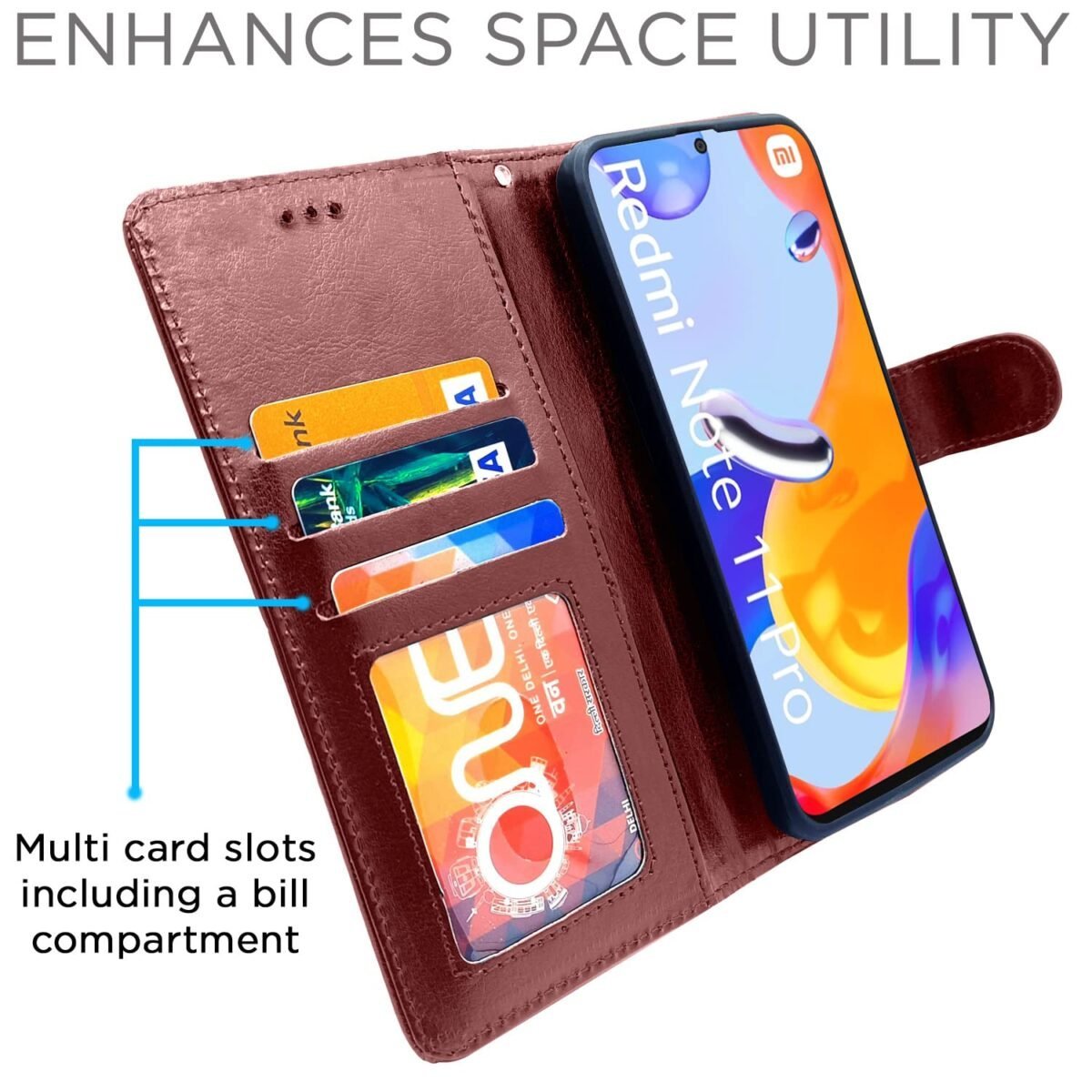 Mi Redmi Note 11 Pro/Pro Plus 5G Flip Cover | PU Leather Finish | 360 Protection | Wallet & Stand | Strong Magnetic Flip Case for Mi Redmi Note 11 Pro/Pro Plus 5G (Brown)