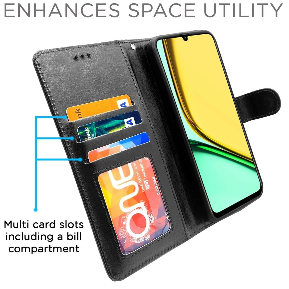 Flip Cover Leather Finish | Inside TPU with Card Pockets | Wallet Stand and Shock Proof | Complete Protection Flip Case for Realme C61 / Realme Narzo N61 (Black)