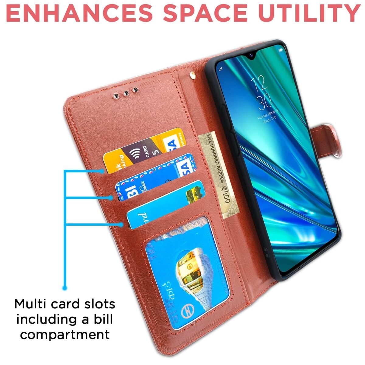 RealMe 5 / 5s / 5i Flip Cover Leather Finish | Inside TPU with Card Pockets | Wallet Stand and Shock Proof | Magnetic Closing | Complete Protection Flip Case (Brown)