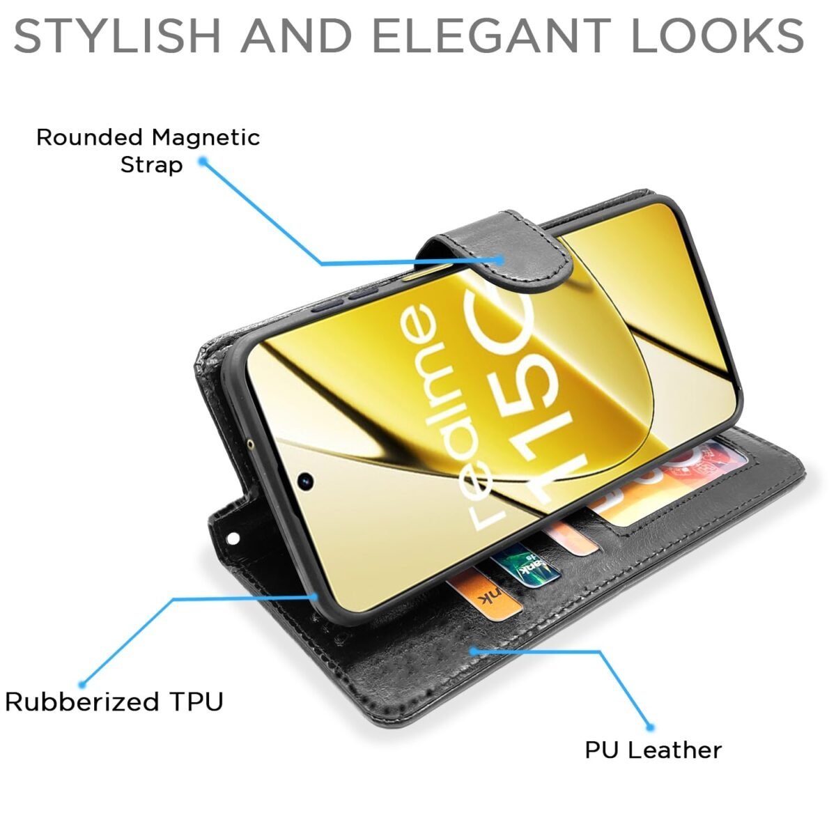 Realme 11 / 11X 5G / Narzo 60X 5G Flip Cover Leather Finish | Inside TPU with Card Pockets | Wallet Stand and Shock Proof | Complete Protection Flip Case (Black)