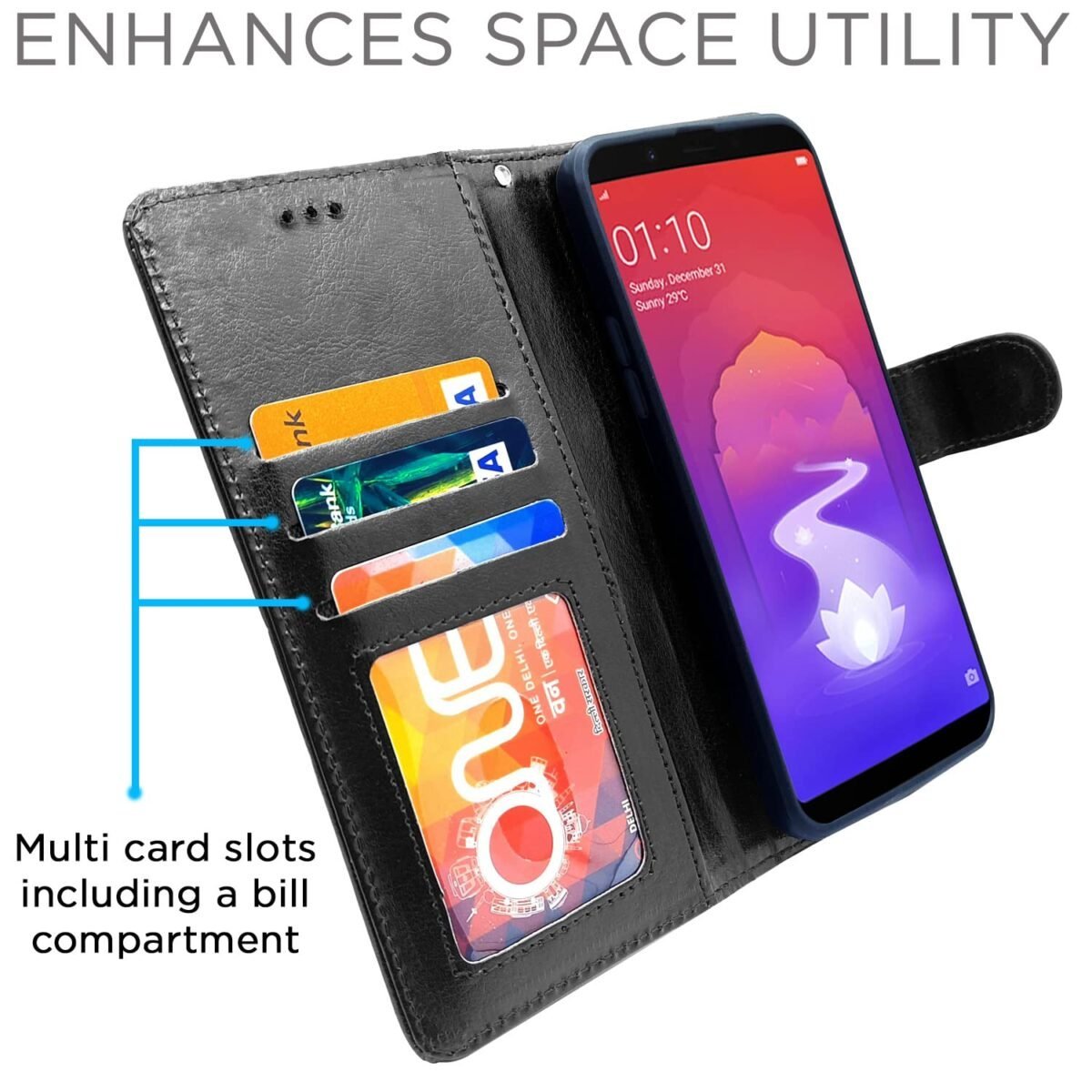 Realme 1 Flip Case Leather Finish | Inside TPU with Card Pockets | Wallet Stand and Shock Proof | Magnetic Closing | Complete Protection Flip Cover for Realme 1 (Black)