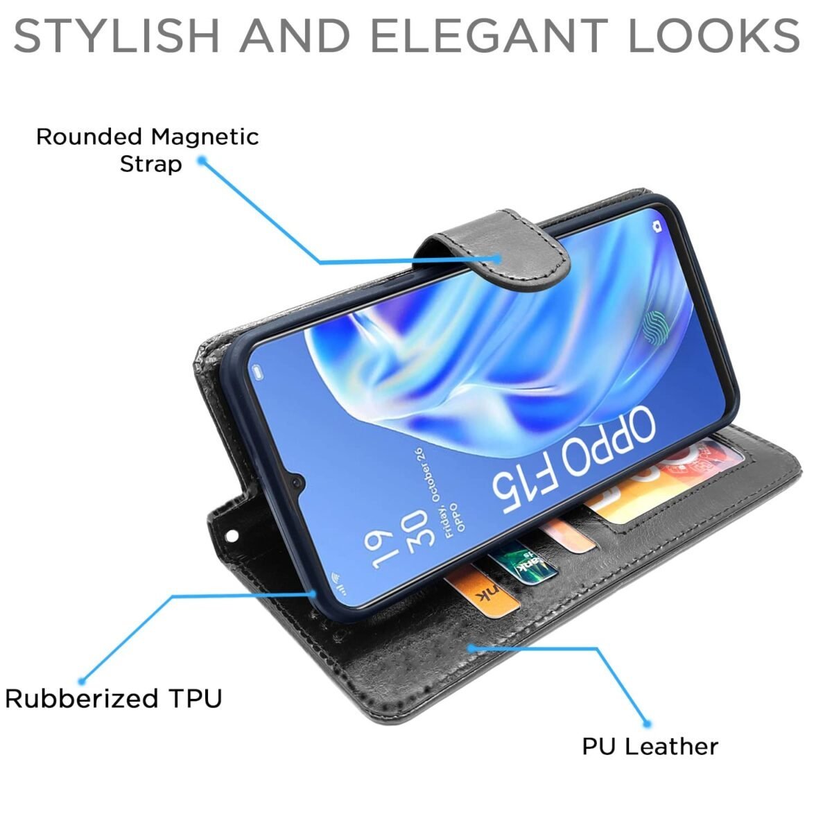 Flip Cover Leather Finish | Inside TPU with Card Pockets | Wallet Stand and Shock Proof | Complete Protection Flip Case for Oppo F15(Black)