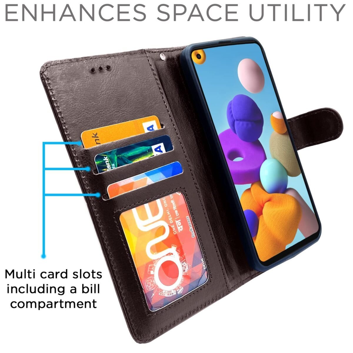 Samsung Galaxy A21s Flip Case Leather Finish | Inside TPU with Card Pockets | Wallet Stand and Shock Proof | Magnetic Closing | Complete Protection Flip Cover for Samsung Galaxy A21s (Coffee)