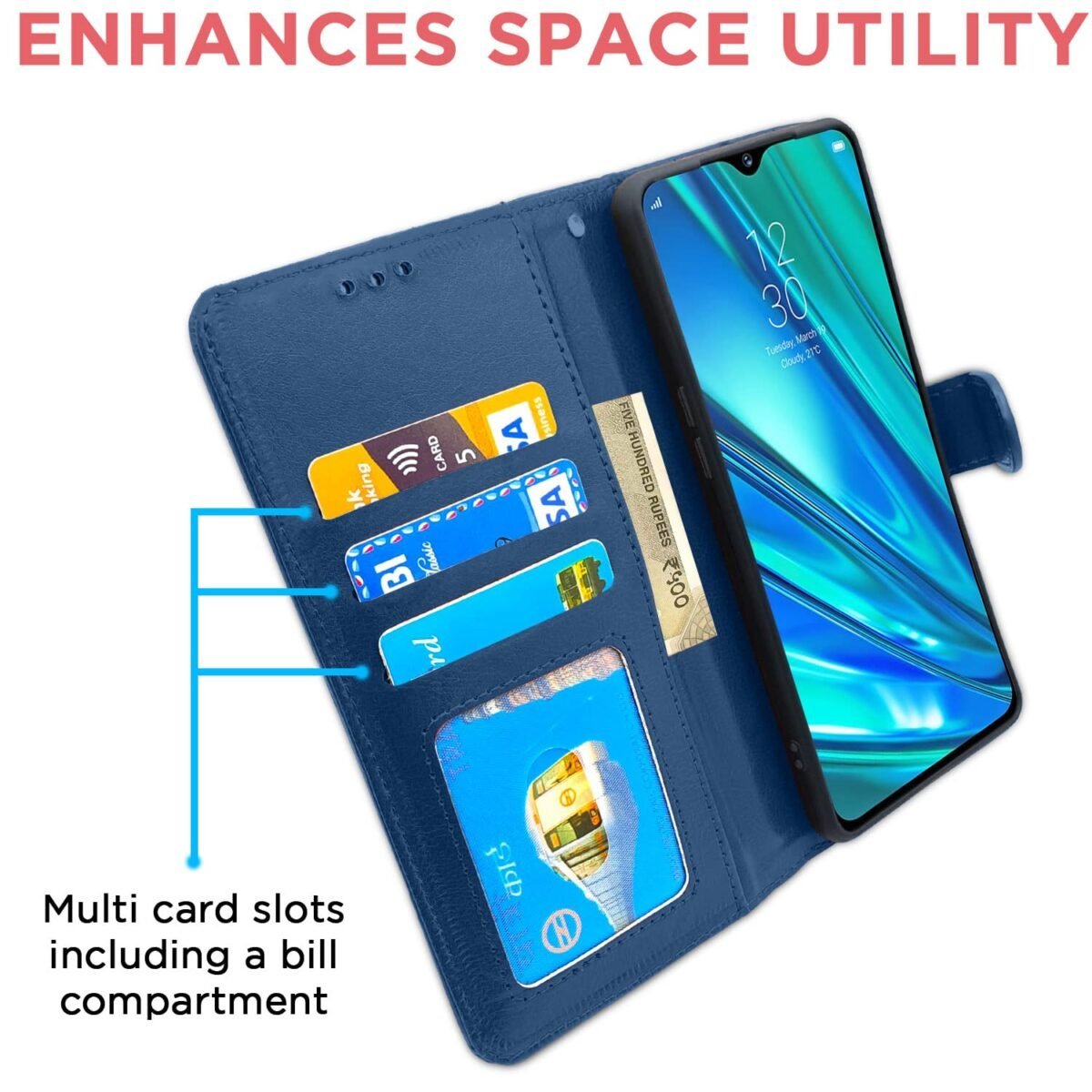 Realme 5 Pro Flip Case Leather Finish | Inside TPU with Card Pockets | Wallet Stand and Shock Proof | Magnetic Closing | Complete Protection Flip Cover for Realme 5 Pro (Blue)