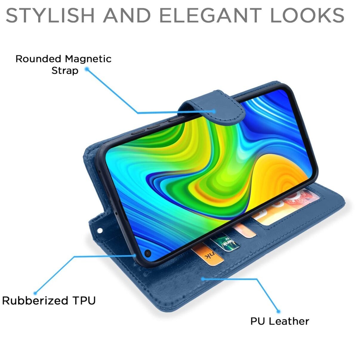 Redmi Note 9 Flip Cover Magnetic Leather Wallet Case Shockproof TPU for Redmi Note 9 (Blue)
