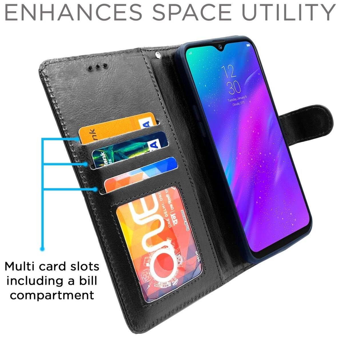 Realme 3 / 3i Flip Case Leather Finish | Inside TPU with Card Pockets | Wallet Stand and Shock Proof | Magnetic Closing | Complete Protection Flip Cover for Realme 3 / 3i (Black)