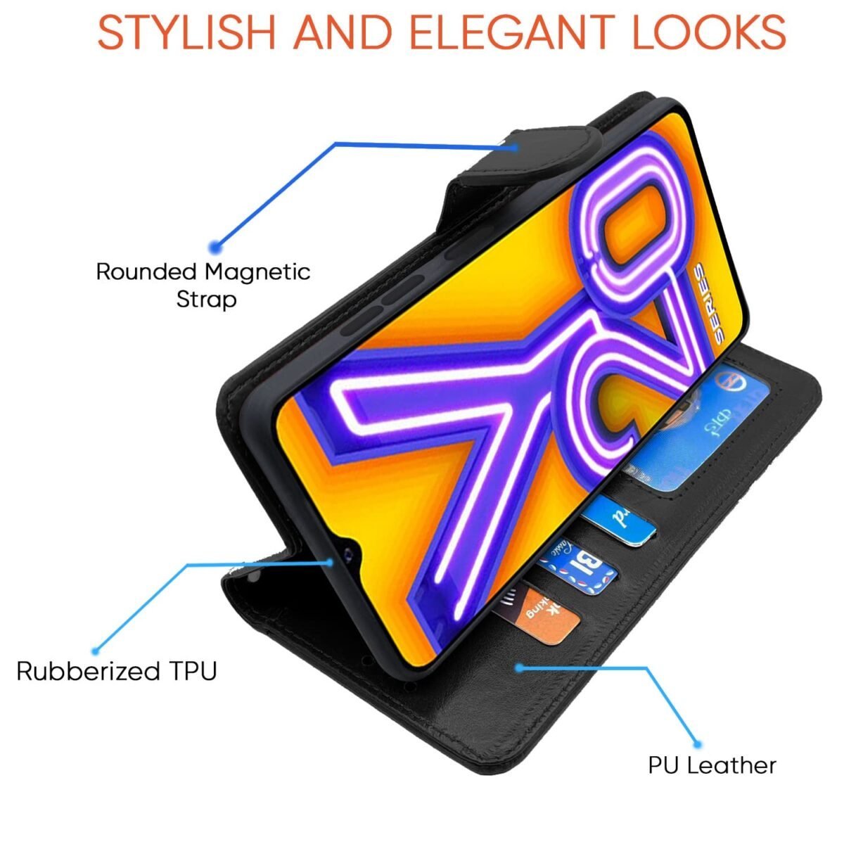 Vivo Y12s / Y20 / Y20i / Y20G Flip Case Leather Finish | Inside TPU with Card Pockets | Wallet Stand and Shock Proof | Magnetic Closing | Complete Protection Flip Cover (Black)