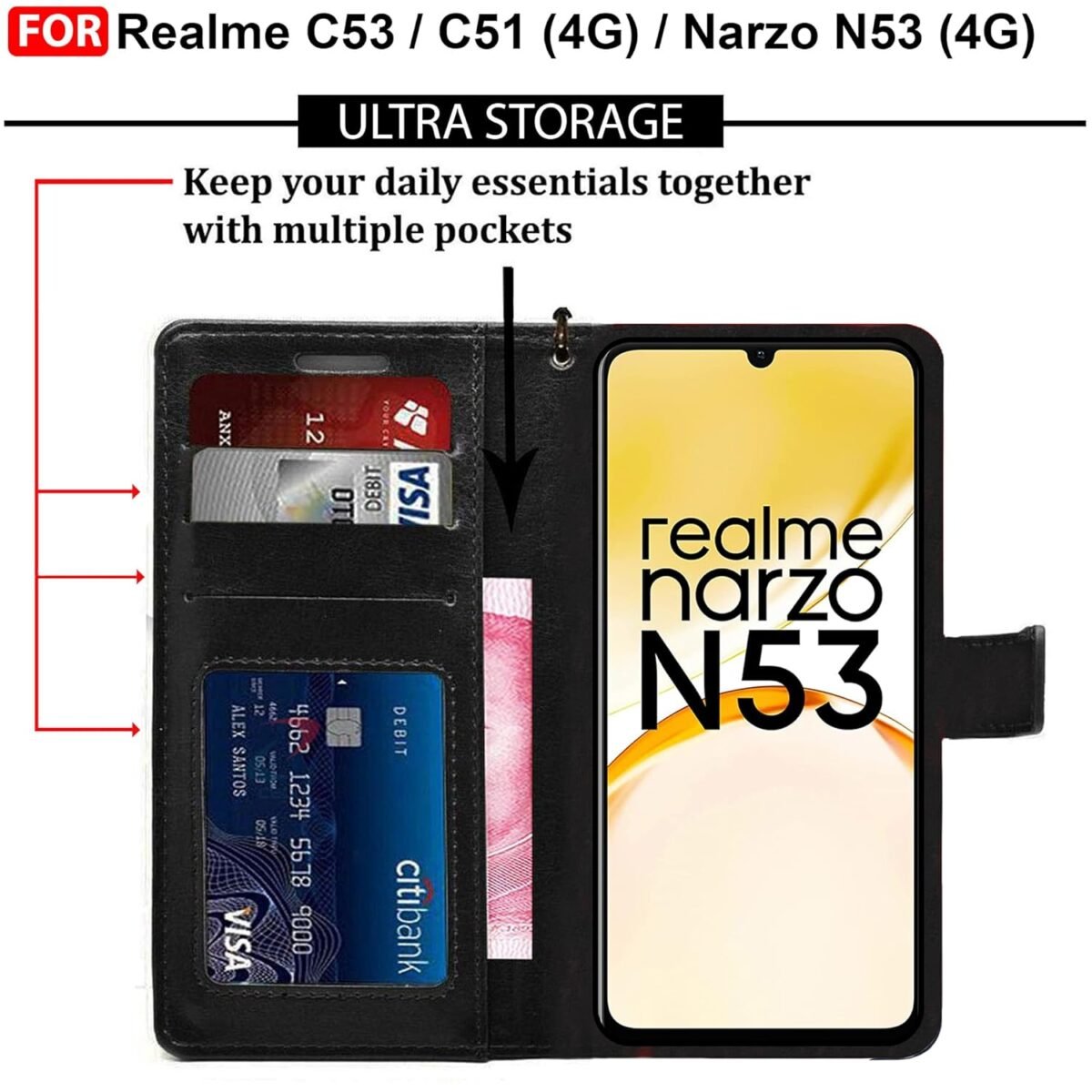 Realme C53 / C51 / Realme Narzo N53 (4G) Flip Cover | Leather Finish | Inside Pockets & Inbuilt Stand | Shockproof Wallet Style Magnetic Closure Back Case Flipcover (Black)