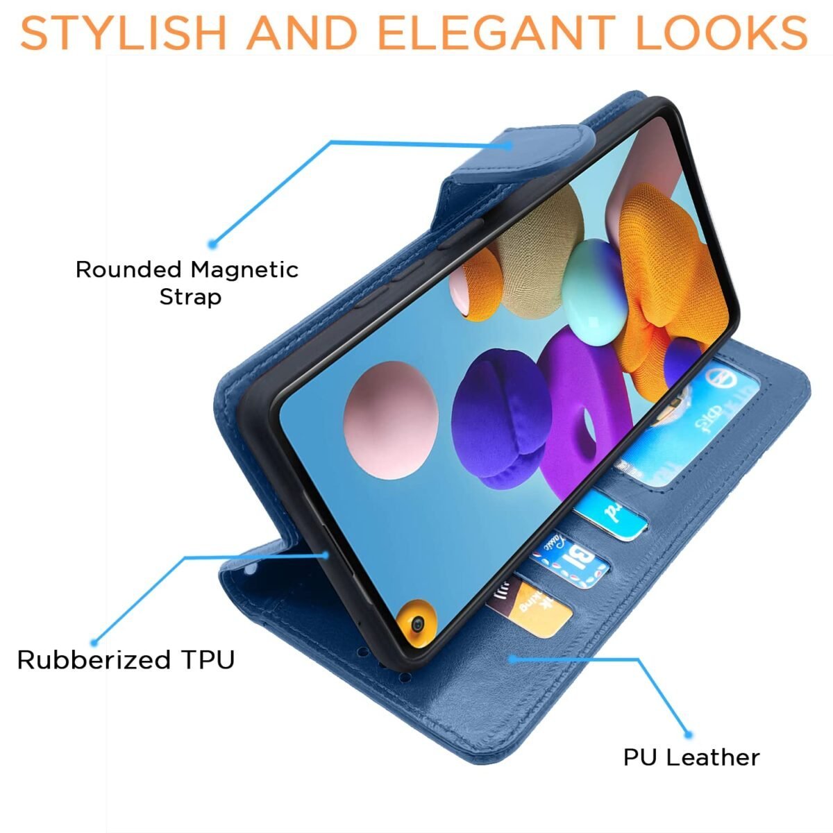 Samsung Galaxy A21s Flip Cover Magnetic Leather Wallet Case Shockproof TPU for Samsung Galaxy A21s (Blue)