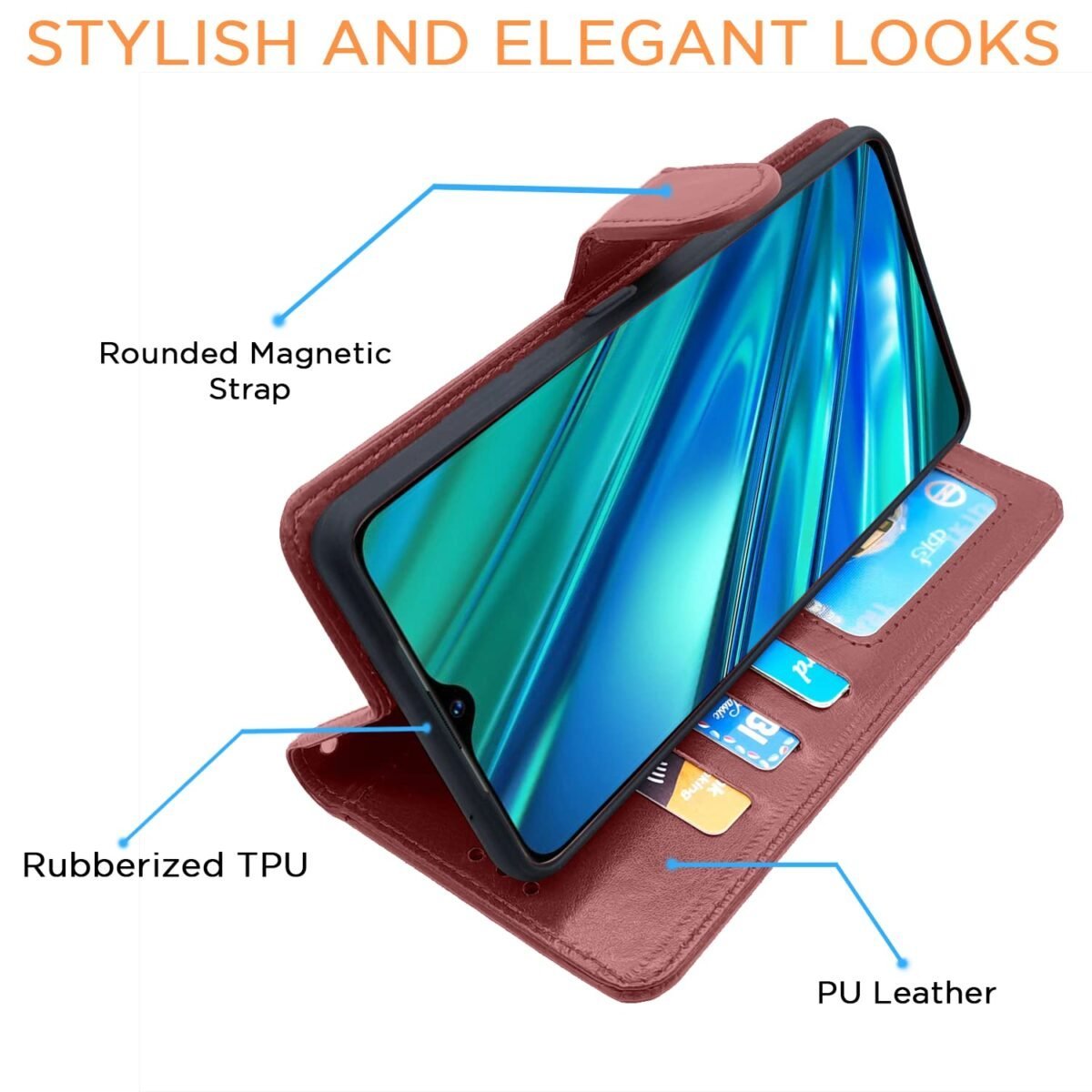 Realme 5 Pro Flip Case Leather Finish | Inside TPU with Card Pockets | Wallet Stand and Shock Proof | Magnetic Closing | Complete Protection Flip Cover for Realme 5 Pro (Brown)