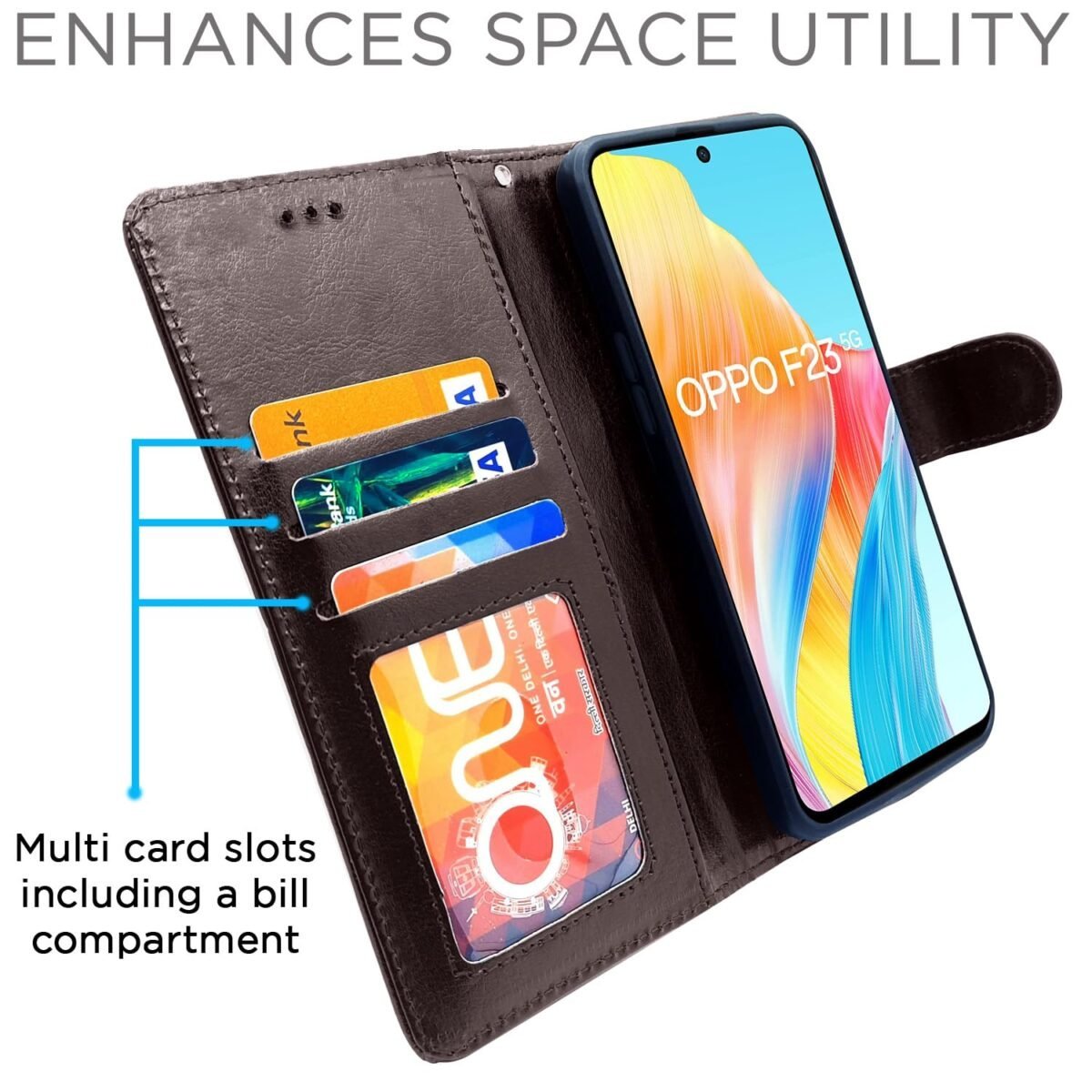 Oppo F23 5G Flip Cover Leather Finish | Inside TPU with Card Pockets | Wallet Stand and Shock Proof | Complete Protection Flip Case (Coffee)