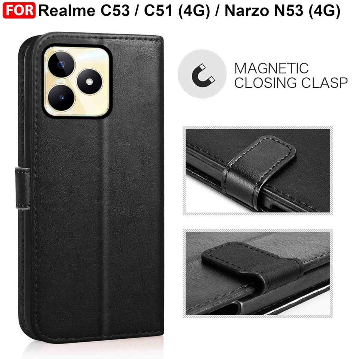 Realme C53 / C51 / Realme Narzo N53 (4G) Flip Cover | Leather Finish | Inside Pockets & Inbuilt Stand | Shockproof Wallet Style Magnetic Closure Back Case Flipcover (Black)