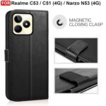 Realme C53 / C51 / Realme Narzo N53 (4G) Flip Cover | Leather Finish | Inside Pockets & Inbuilt Stand | Shockproof Wallet Style Magnetic Closure Back Case Flipcover (Black)