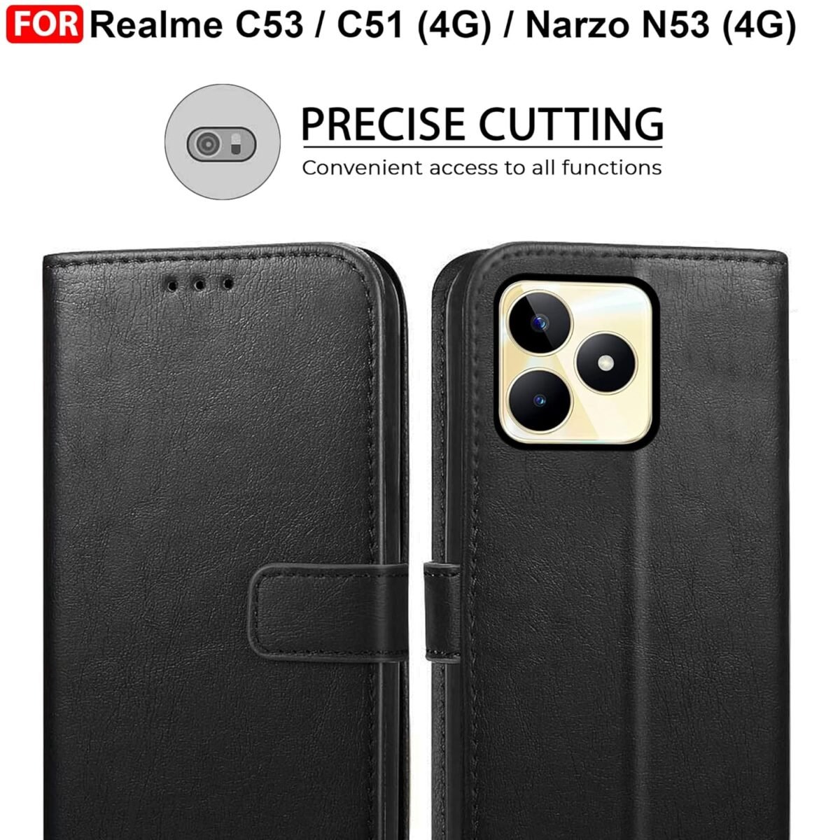 Realme C53 / C51 / Realme Narzo N53 (4G) Flip Cover | Leather Finish | Inside Pockets & Inbuilt Stand | Shockproof Wallet Style Magnetic Closure Back Case Flipcover (Black)