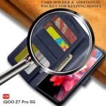 Flip Cover Back Case for iQOO Z7 Pro/Vivo T2 Pro 5G | Genuine Leather Finish | Inbuilt Pockets & Stand (Blue)