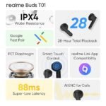 Realme Buds T01 Truly Wireless in-Ear Earbuds with AI ENC for Calls, 13mm Dynamic Driver, Upto 28Hrs Battery,88mm Latency,Bluetooth V5.4 (Black)