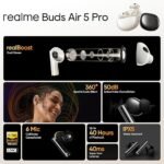 Realme Buds Air 5 Pro Truly Wireless in-Ear Earbuds with 50dB ANC, realBoost Dual Coaxial Drivers, 360° Spatial Audio Effect, LDAC HD Audio, Upto 40Hrs Battery with Fast Charging (Black)