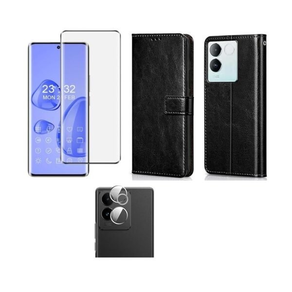 3 in 1 Combo Pack for iQOO Z7 Pro | Vivo T2 Pro 5G – Flip Black (Back Cover + Camera Lens Protector + Tempered Glass)